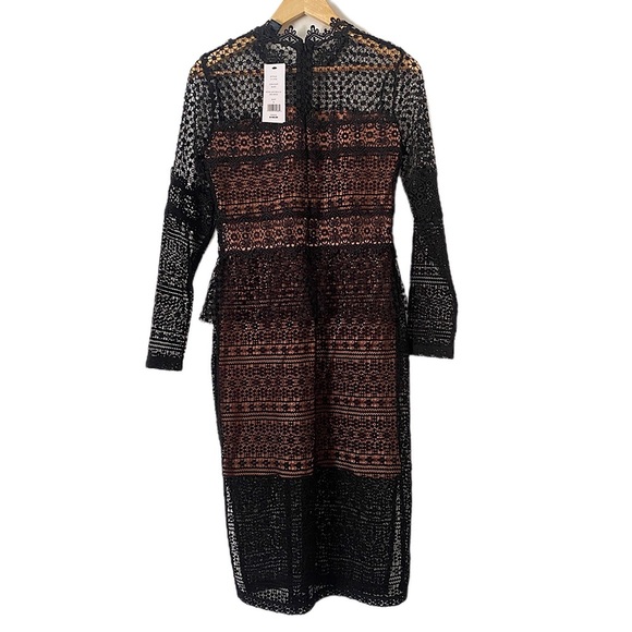 French Connection Petra Boho Lace Elegant Peplum Midi Dress Nude Lining Sz 8 NWT - Picture 3 of 12